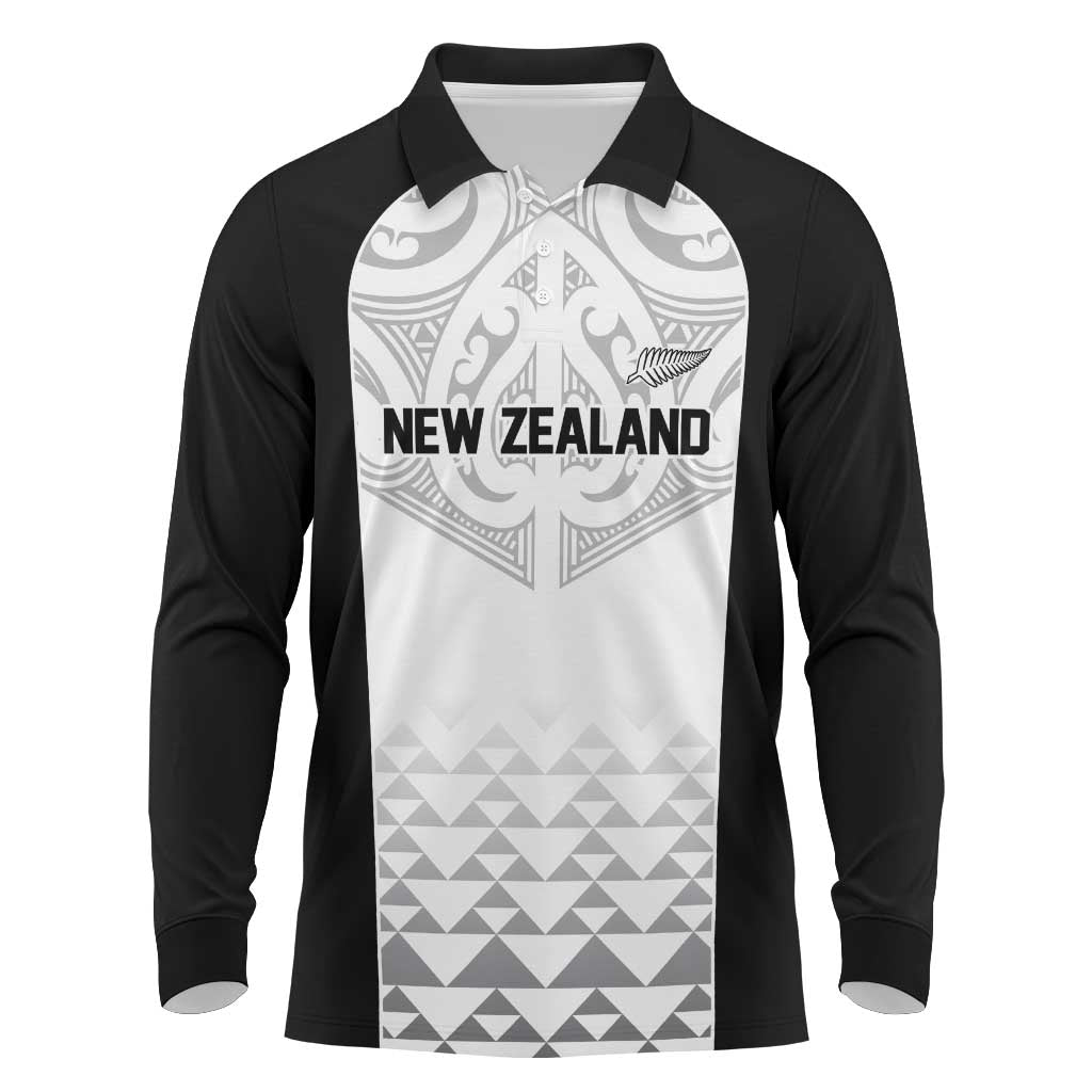 World Football 2026 New Zealand Custom Long Sleeve Polo Shirt All White Fern Maori Tribal - Polynesian Pride