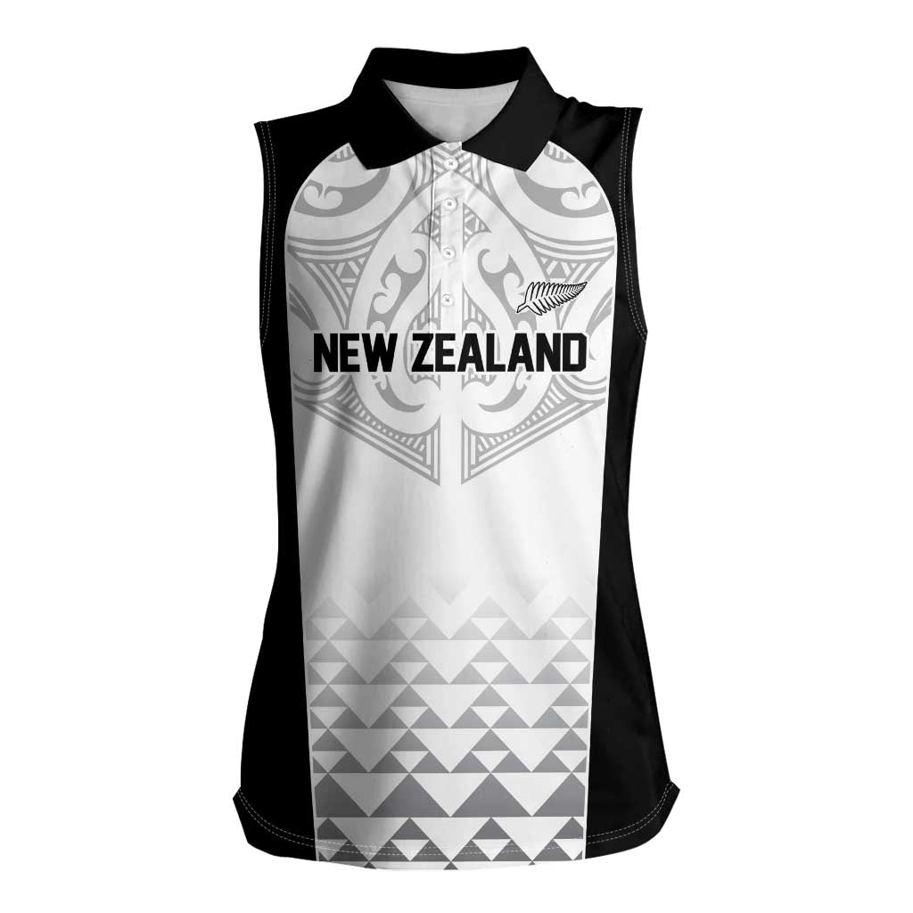 World Football 2026 New Zealand Custom Women Sleeveless Polo Shirt All White Fern Maori Tribal - Polynesian Pride