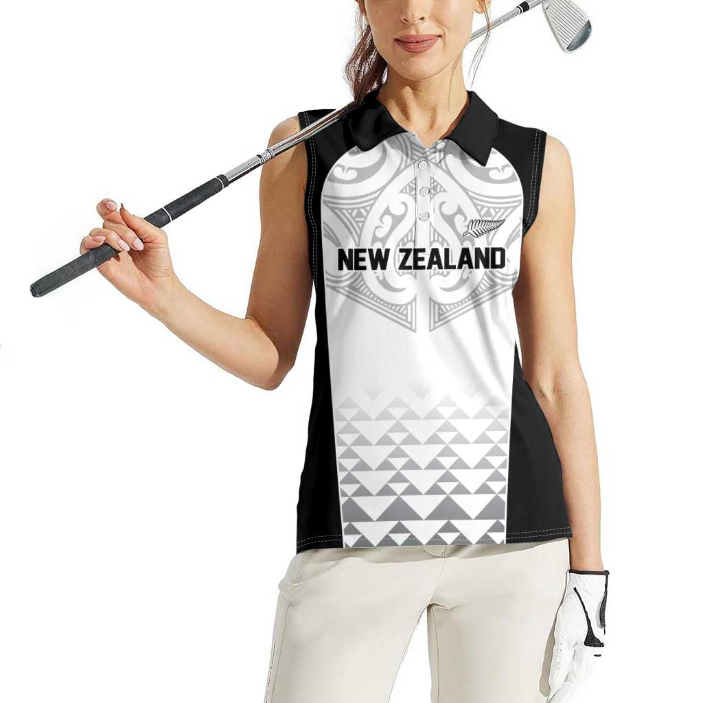 World Football 2026 New Zealand Custom Women Sleeveless Polo Shirt All White Fern Maori Tribal - Polynesian Pride