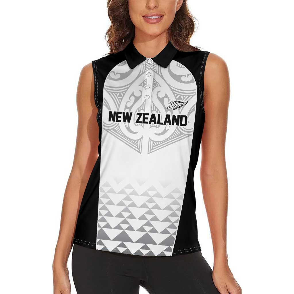 World Football 2026 New Zealand Custom Women Sleeveless Polo Shirt All White Fern Maori Tribal - Polynesian Pride