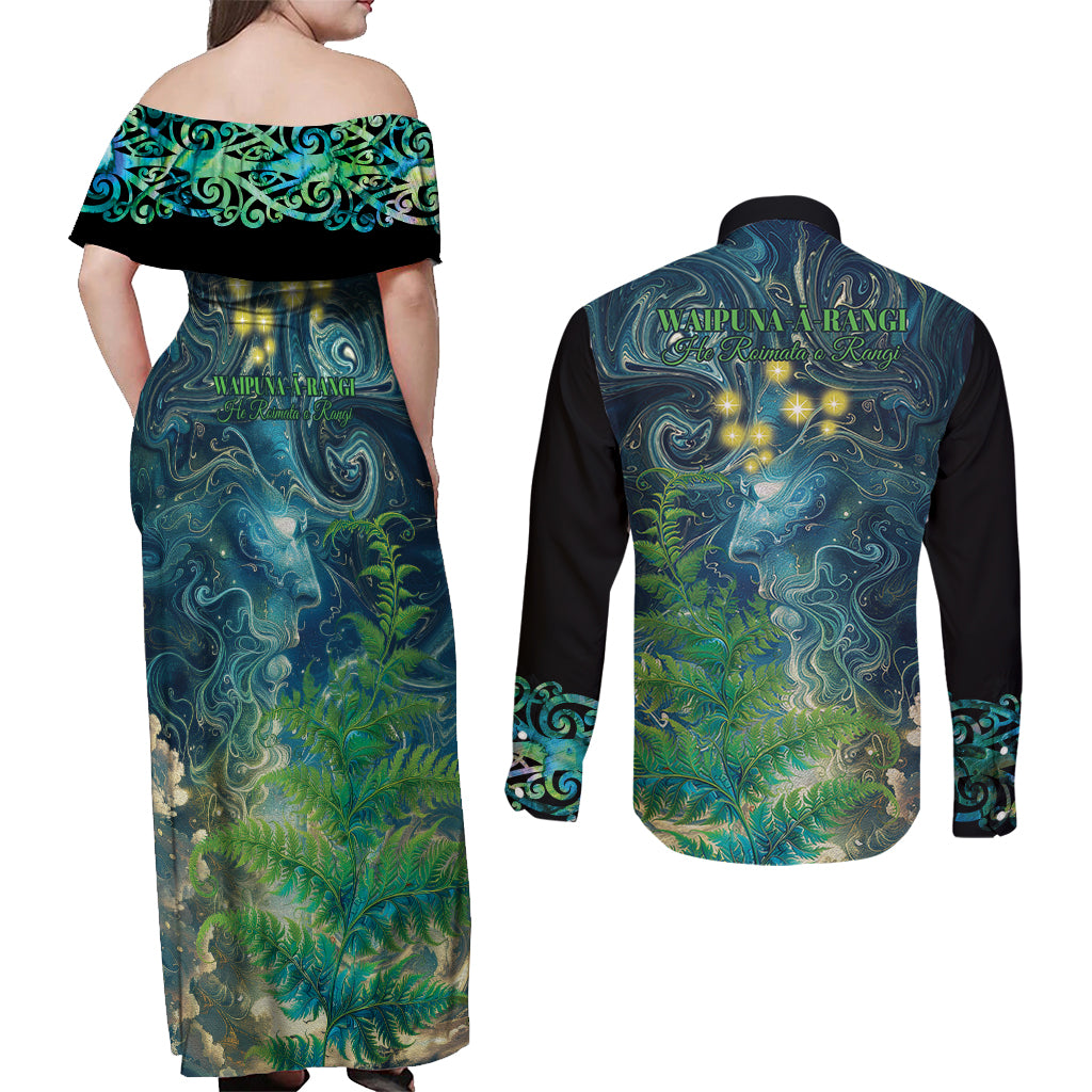 New Zealand Matariki Waipuna-a-rangi Couples Matching Off Shoulder Maxi Dress and Long Sleeve Button Shirt He Roimata o Rangi LT9 - Polynesian Pride
