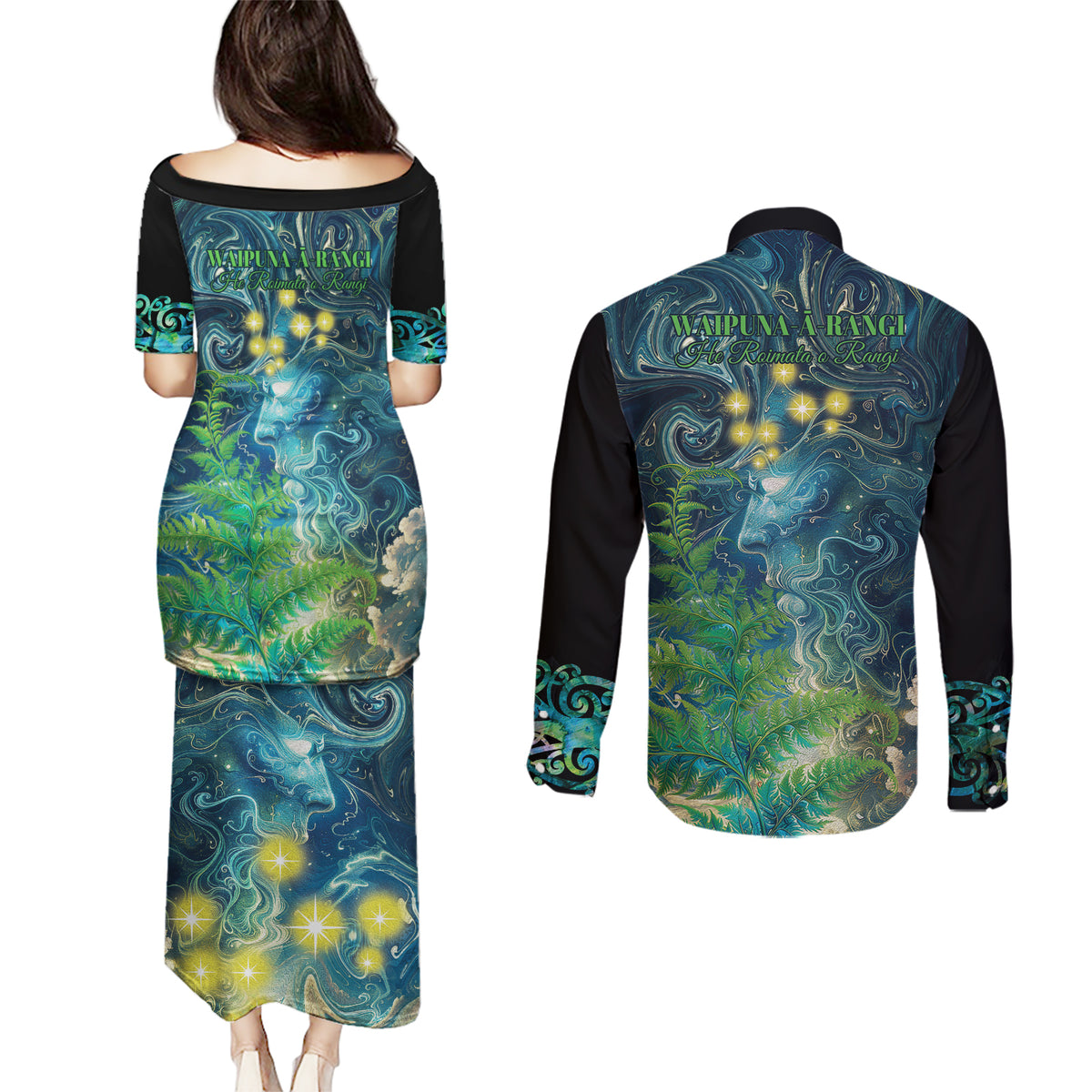 New Zealand Matariki Waipuna-a-rangi Couples Matching Puletasi and Long Sleeve Button Shirt He Roimata o Rangi