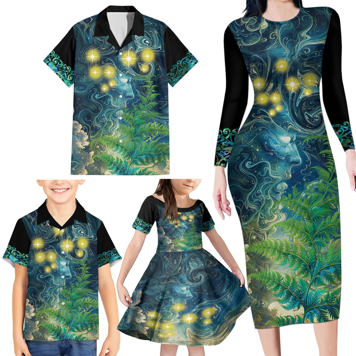 New Zealand Matariki Waipuna-a-rangi Family Matching Long Sleeve Bodycon Dress and Hawaiian Shirt He Roimata o Rangi LT9 - Polynesian Pride