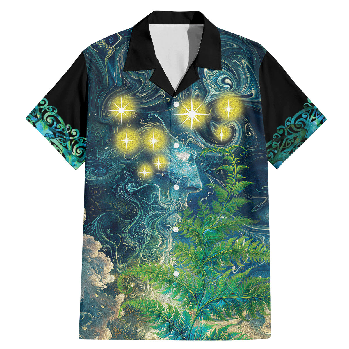 New Zealand Matariki Waipuna-a-rangi Family Matching Mermaid Dress and Hawaiian Shirt He Roimata o Rangi LT9 Dad's Shirt - Short Sleeve Black - Polynesian Pride