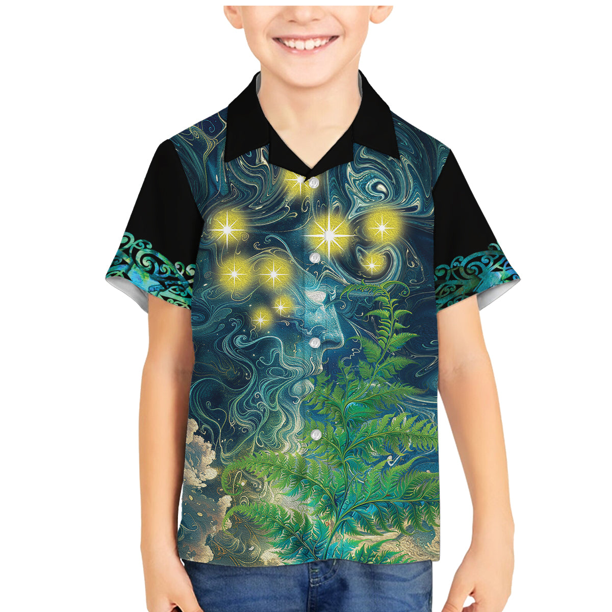 New Zealand Matariki Waipuna-a-rangi Family Matching Mermaid Dress and Hawaiian Shirt He Roimata o Rangi LT9 Son's Shirt Black - Polynesian Pride