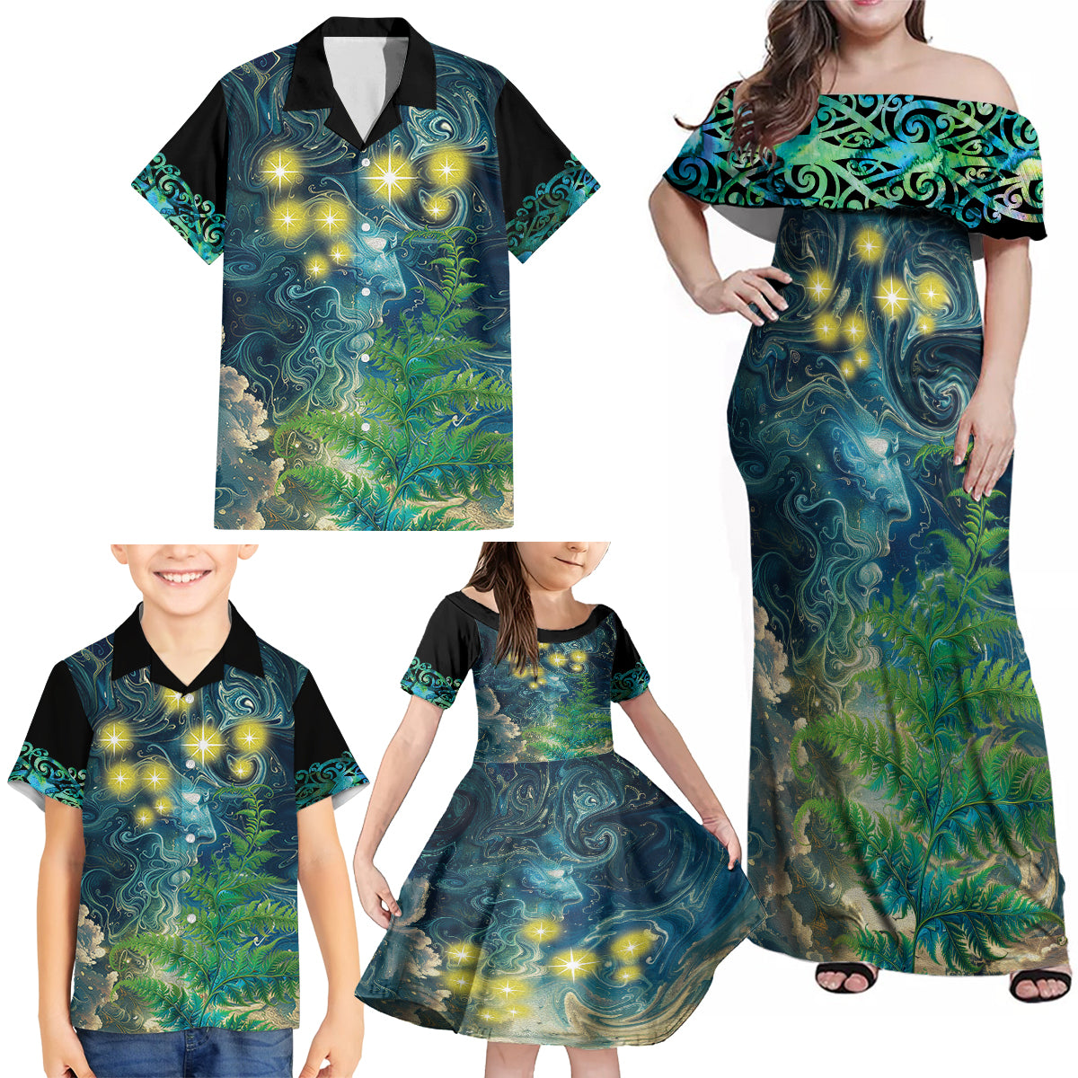New Zealand Matariki Waipuna-a-rangi Family Matching Off Shoulder Maxi Dress and Hawaiian Shirt He Roimata o Rangi LT9 - Polynesian Pride