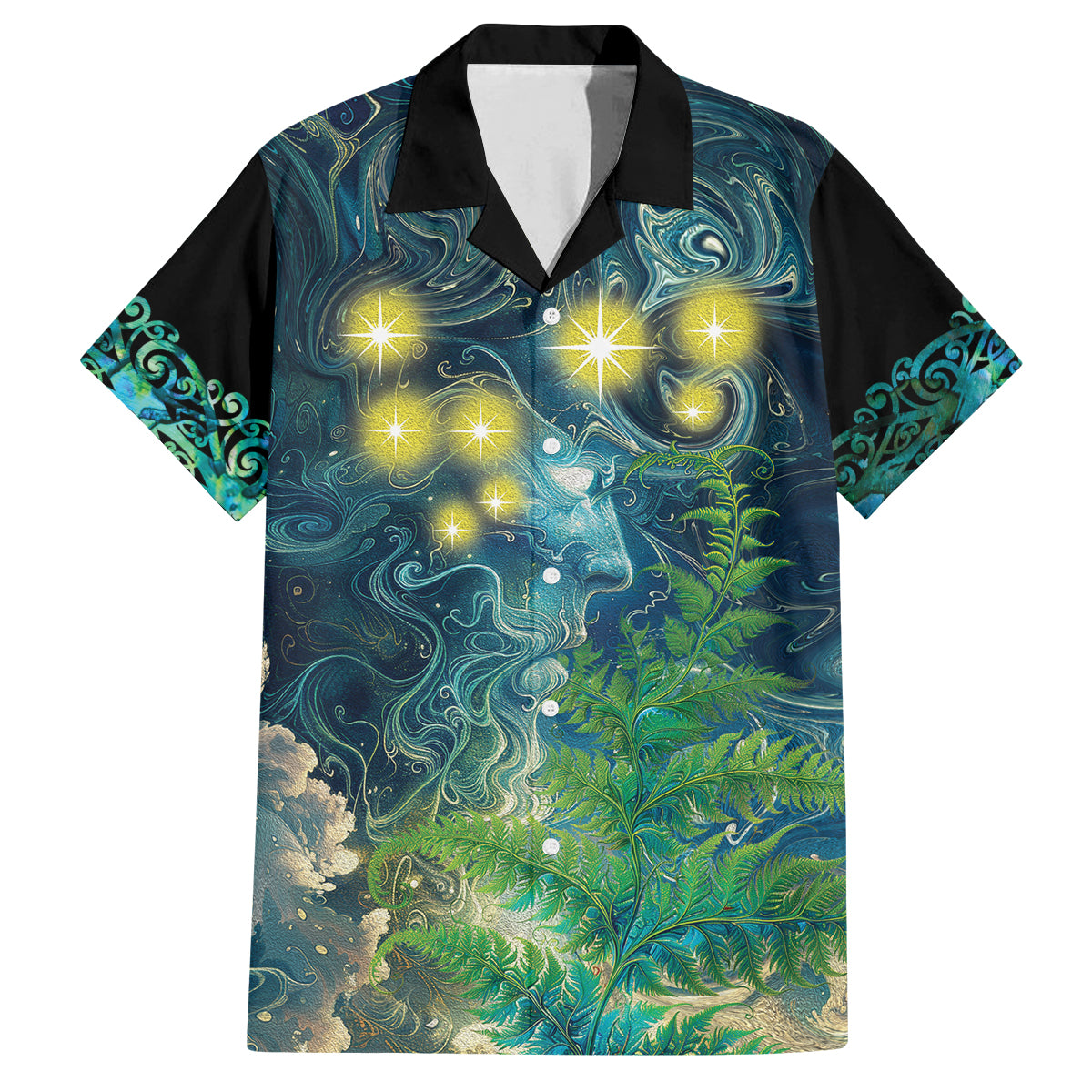 New Zealand Matariki Waipuna-a-rangi Family Matching Off Shoulder Maxi Dress and Hawaiian Shirt He Roimata o Rangi LT9 Dad's Shirt - Short Sleeve Black - Polynesian Pride