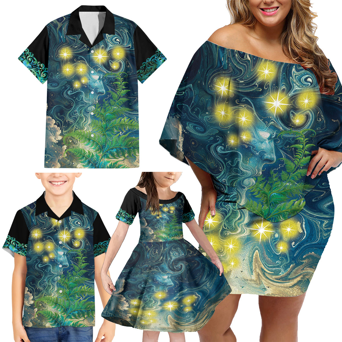 New Zealand Matariki Waipuna-a-rangi Family Matching Off Shoulder Short Dress and Hawaiian Shirt He Roimata o Rangi LT9 - Polynesian Pride