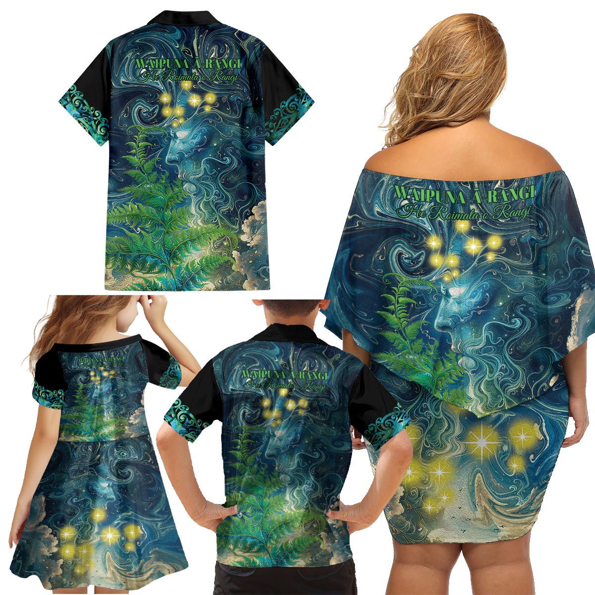 New Zealand Matariki Waipuna-a-rangi Family Matching Off Shoulder Short Dress and Hawaiian Shirt He Roimata o Rangi LT9 - Polynesian Pride