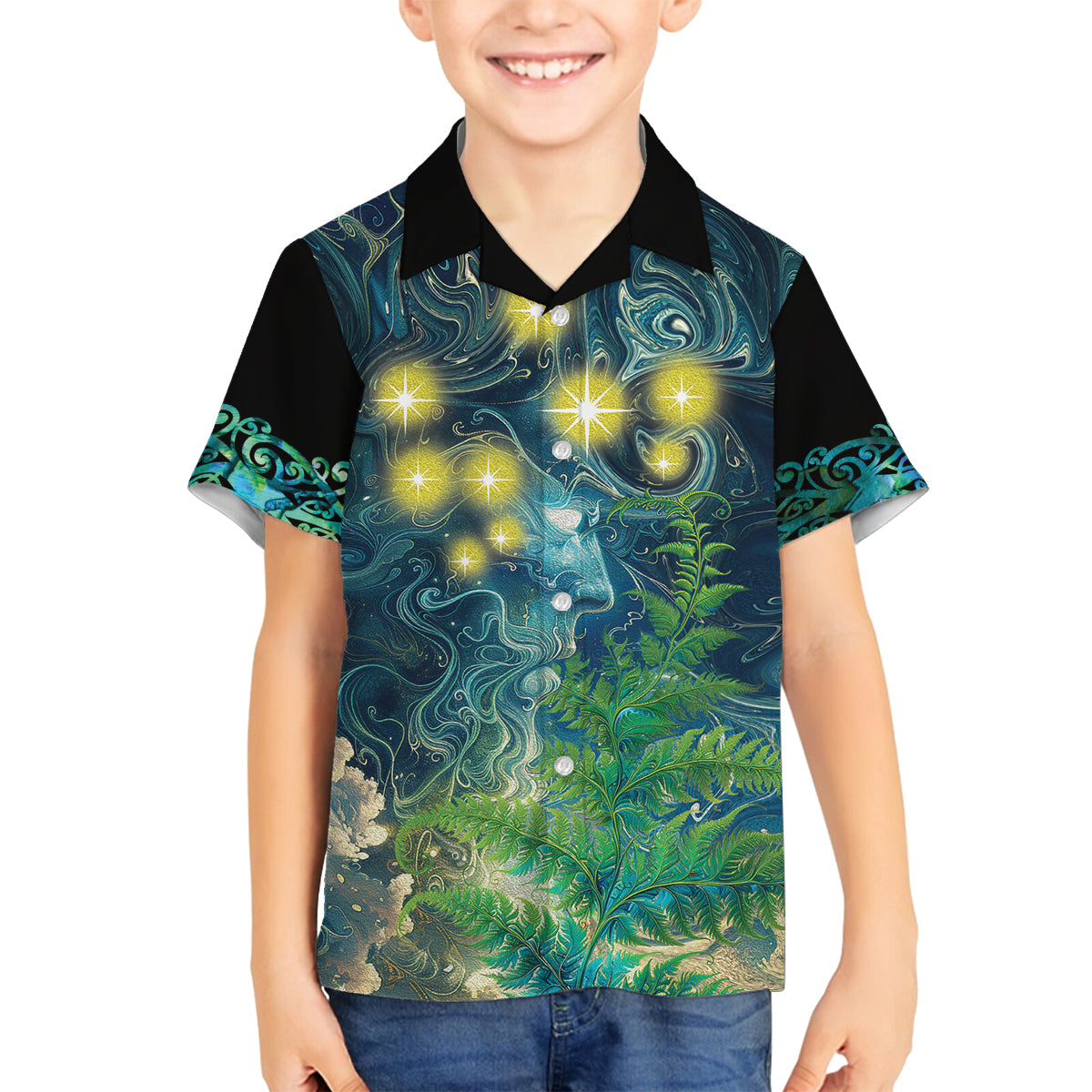 New Zealand Matariki Waipuna-a-rangi Family Matching Off Shoulder Short Dress and Hawaiian Shirt He Roimata o Rangi LT9 Son's Shirt Black - Polynesian Pride