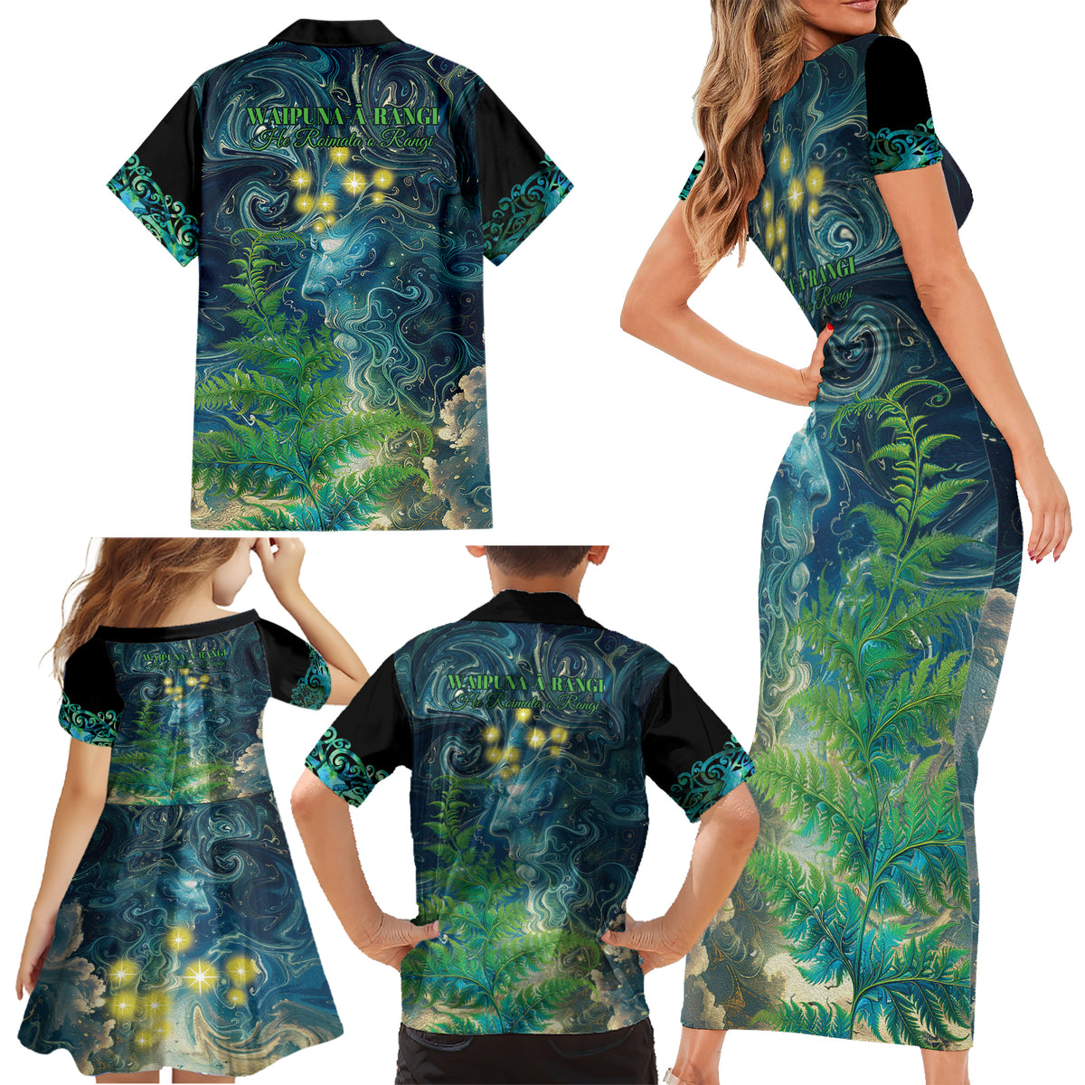 New Zealand Matariki Waipuna-a-rangi Family Matching Short Sleeve Bodycon Dress and Hawaiian Shirt He Roimata o Rangi LT9 - Polynesian Pride