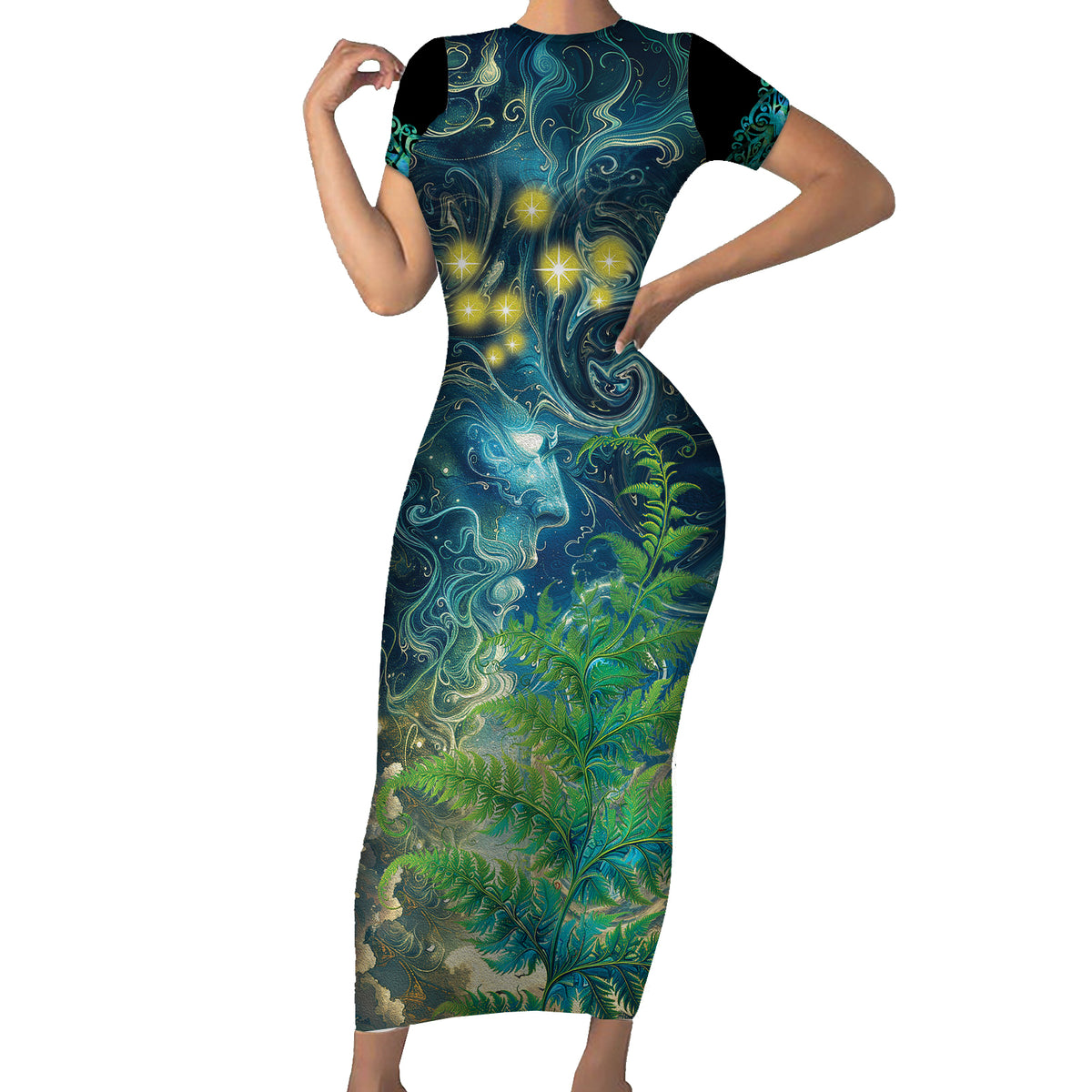 New Zealand Matariki Waipuna-a-rangi Family Matching Short Sleeve Bodycon Dress and Hawaiian Shirt He Roimata o Rangi LT9 Mom's Dress Black - Polynesian Pride