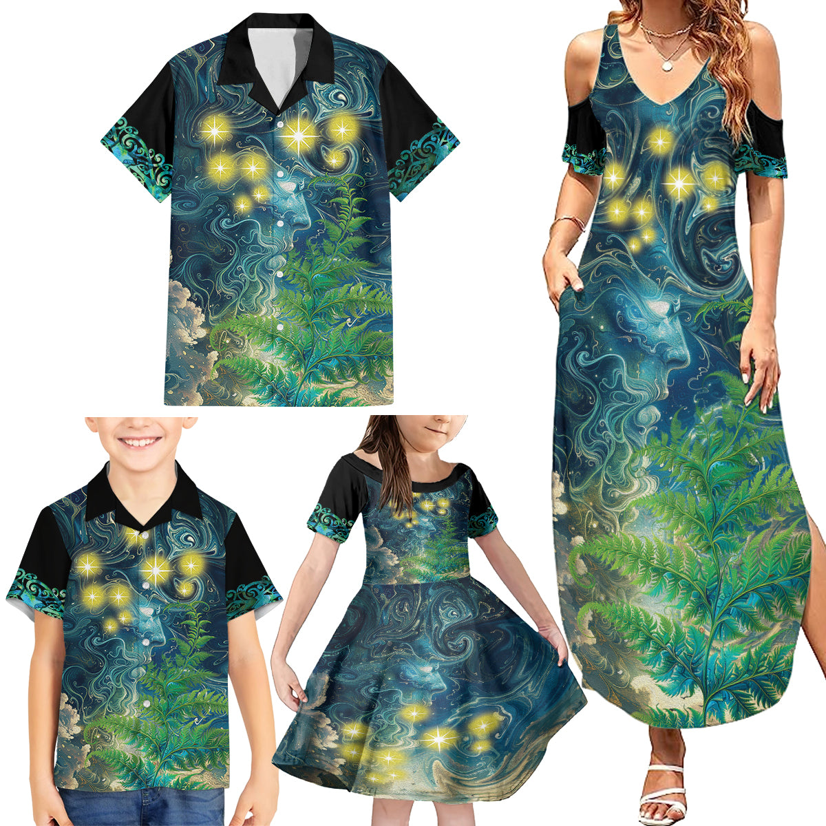 New Zealand Matariki Waipuna-a-rangi Family Matching Summer Maxi Dress and Hawaiian Shirt He Roimata o Rangi LT9 - Polynesian Pride