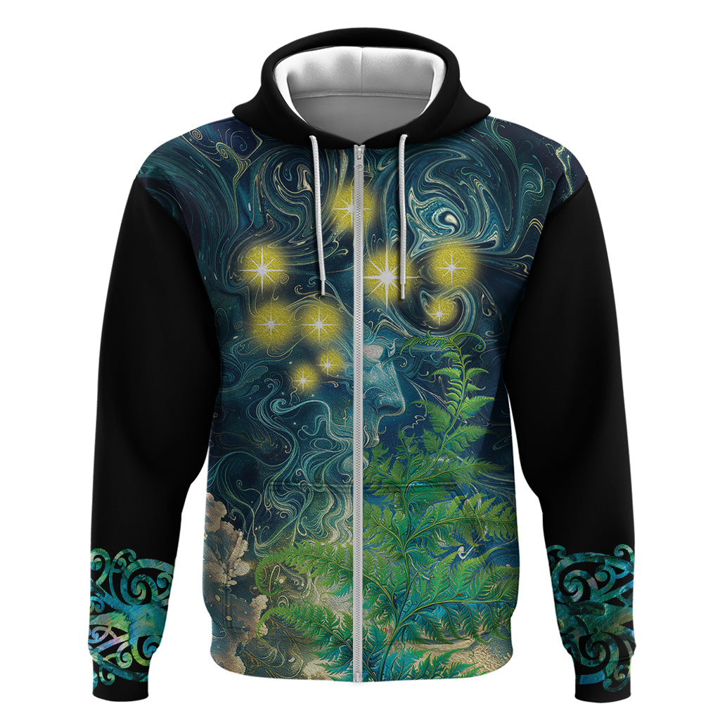 New Zealand Matariki Waipuna-a-rangi Hoodie He Roimata o Rangi LT9 Zip Hoodie Black - Polynesian Pride