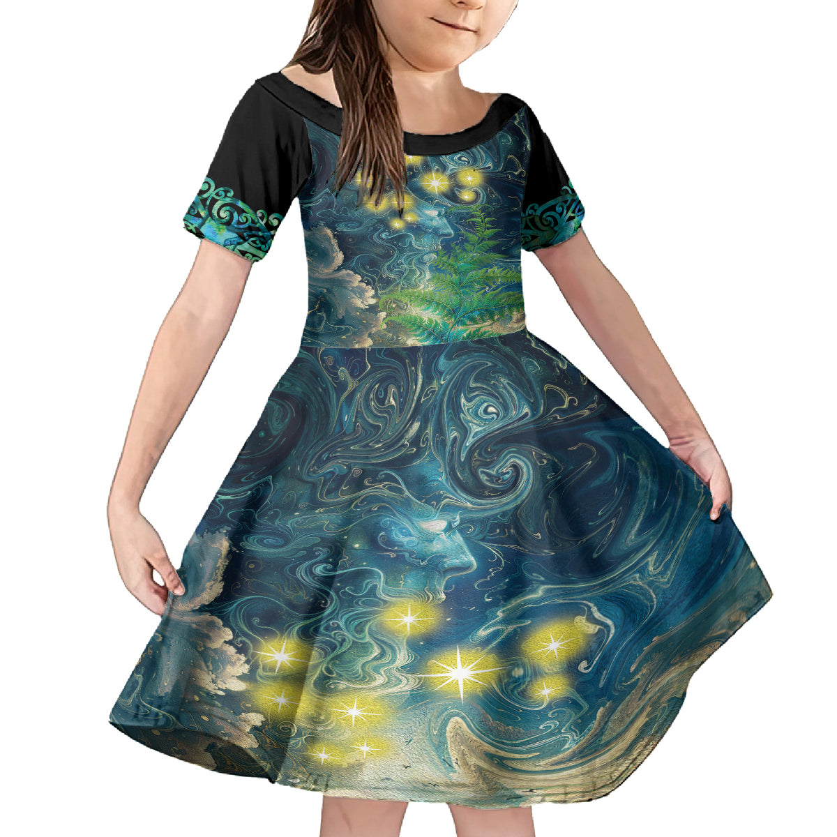 New Zealand Matariki Waipuna-a-rangi Kid Short Sleeve Dress He Roimata o Rangi LT9 KID Black - Polynesian Pride