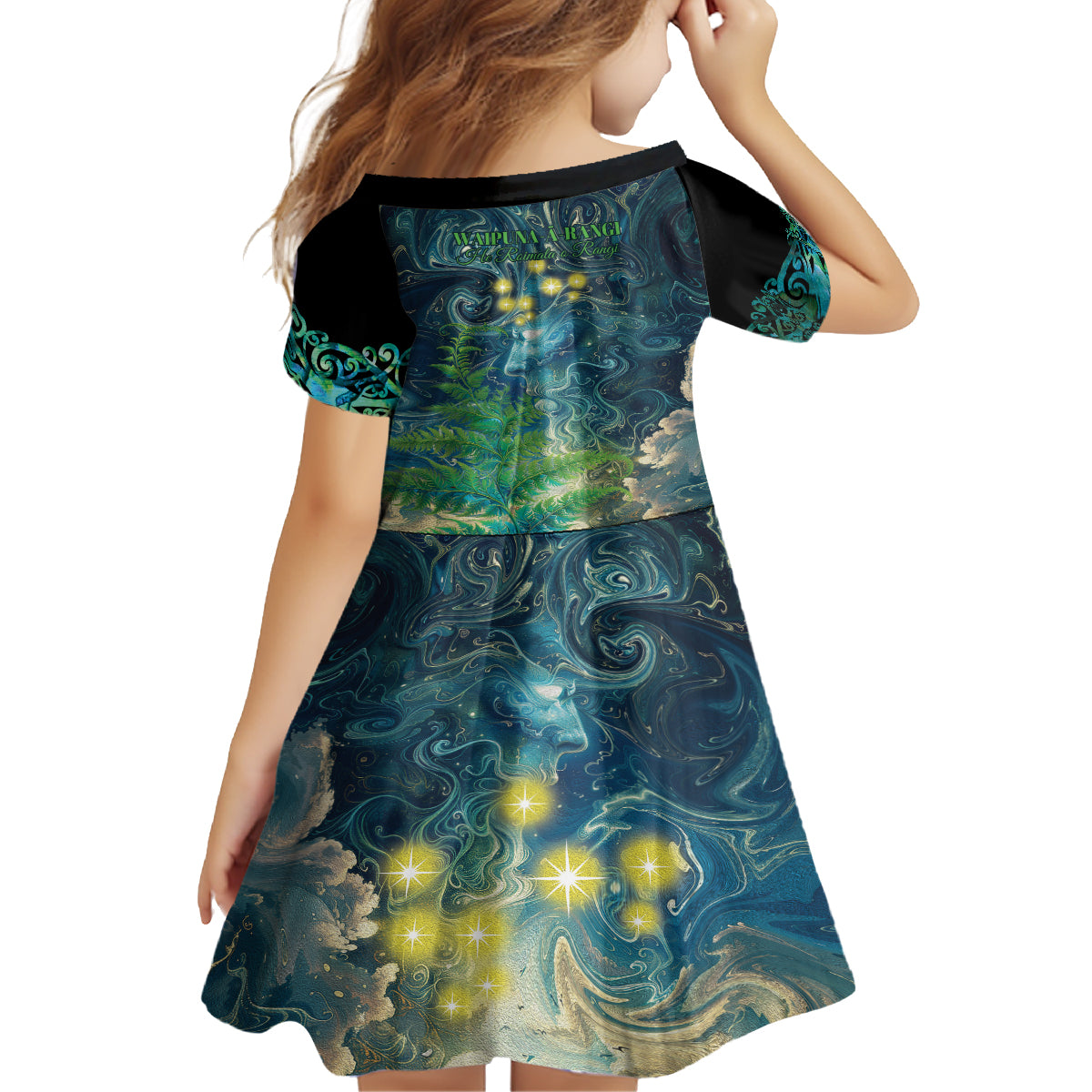 New Zealand Matariki Waipuna-a-rangi Kid Short Sleeve Dress He Roimata o Rangi LT9 - Polynesian Pride
