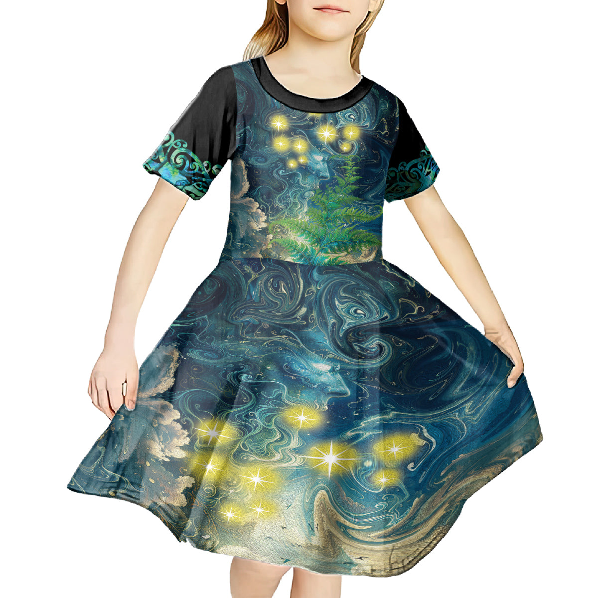 New Zealand Matariki Waipuna-a-rangi Kid Short Sleeve Dress He Roimata o Rangi LT9 - Polynesian Pride