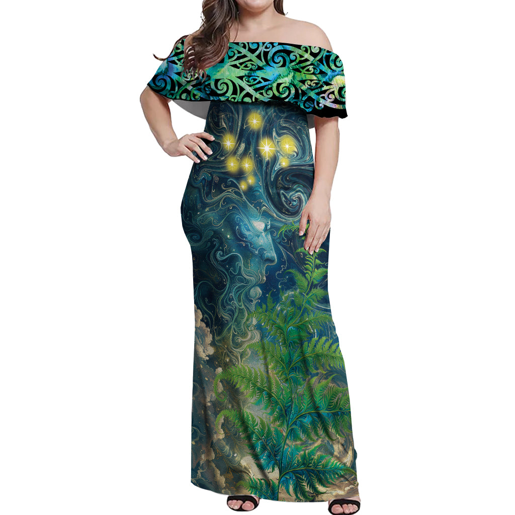 New Zealand Matariki Waipuna-a-rangi Off Shoulder Maxi Dress He Roimata o Rangi LT9 Women Black - Polynesian Pride