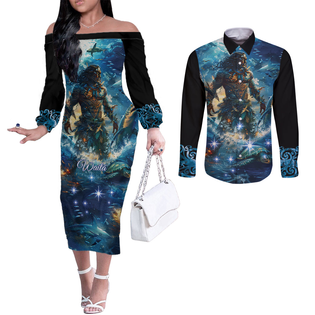 New Zealand Matariki Waita Couples Matching Off The Shoulder Long Sleeve Dress and Long Sleeve Button Shirt The Way Of The Water LT9 Black - Polynesian Pride