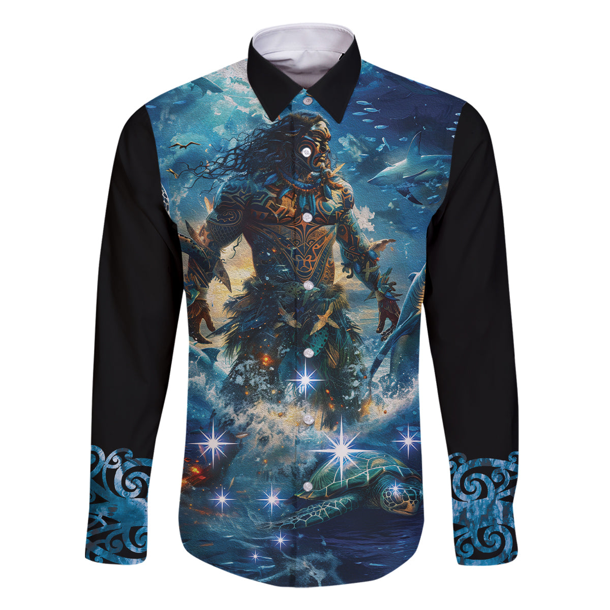 New Zealand Matariki Waita Family Matching Mermaid Dress and Hawaiian Shirt The Way Of The Water LT9 Dad's Shirt - Long Sleeve Black - Polynesian Pride