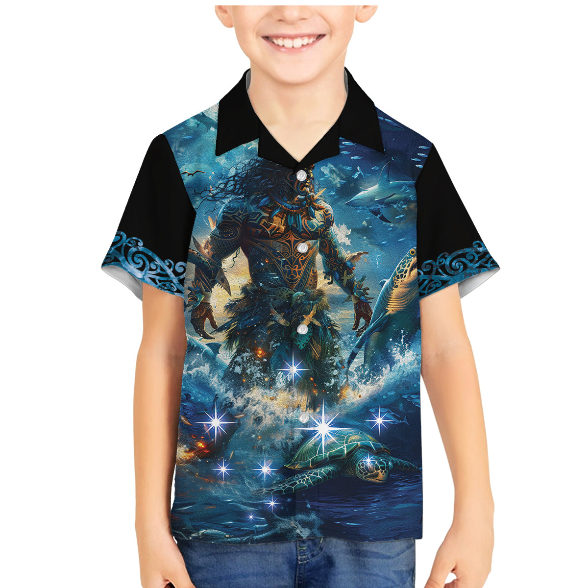 New Zealand Matariki Waita Family Matching Mermaid Dress and Hawaiian Shirt The Way Of The Water LT9 Son's Shirt Black - Polynesian Pride