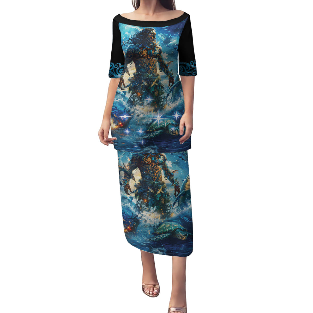 New Zealand Matariki Waita Puletasi The Way Of The Water LT9 Long Dress Black - Polynesian Pride