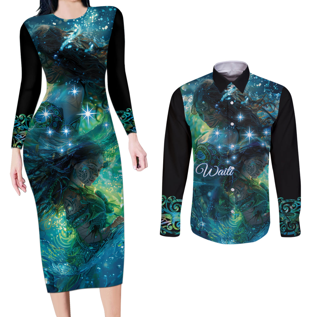 New Zealand Matariki Waiti Couples Matching Long Sleeve Bodycon Dress and Long Sleeve Button Shirt The Beginnings Of Life LT9 Black - Polynesian Pride