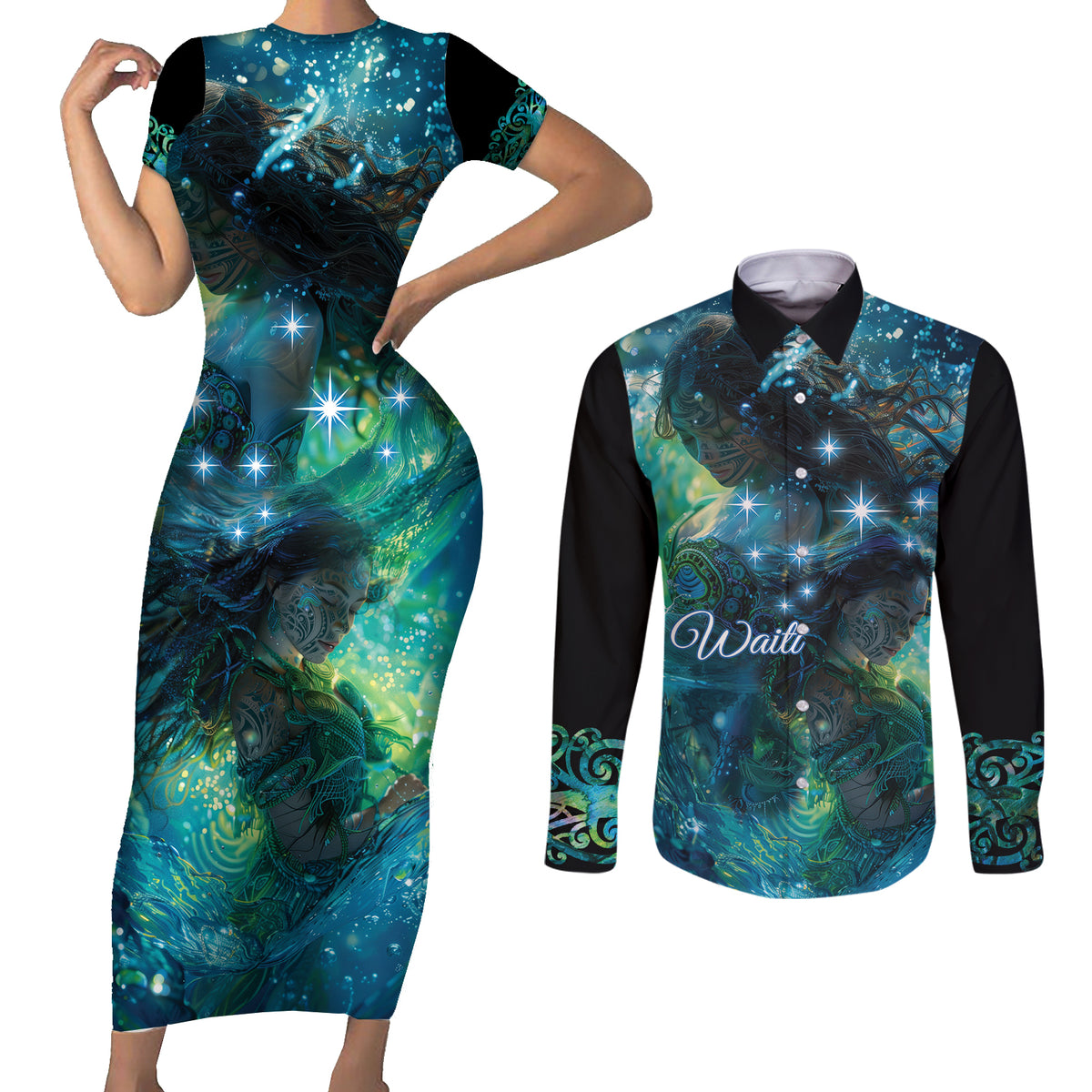 New Zealand Matariki Waiti Couples Matching Short Sleeve Bodycon Dress and Long Sleeve Button Shirt The Beginnings Of Life LT9 Black - Polynesian Pride
