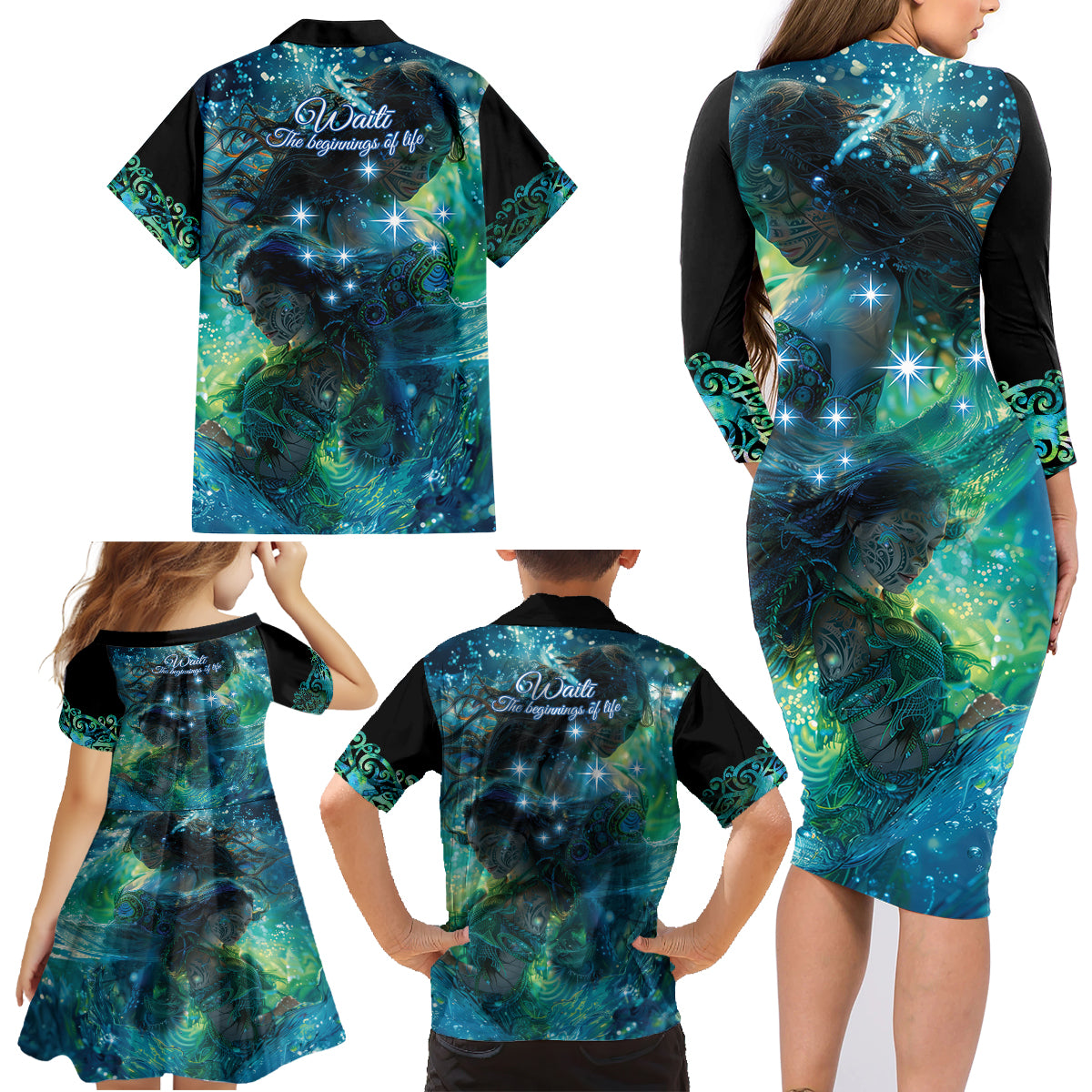 New Zealand Matariki Waiti Family Matching Long Sleeve Bodycon Dress and Hawaiian Shirt The Beginnings Of Life LT9 - Polynesian Pride