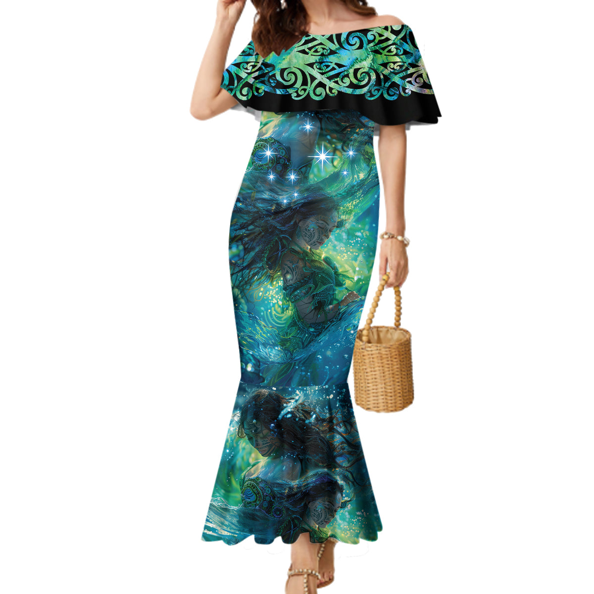 New Zealand Matariki Waiti Family Matching Mermaid Dress and Hawaiian Shirt The Beginnings Of Life LT9 Mom's Dress Black - Polynesian Pride