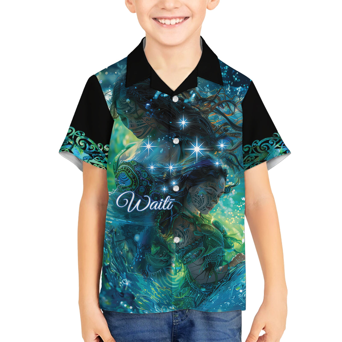 New Zealand Matariki Waiti Family Matching Off Shoulder Short Dress and Hawaiian Shirt The Beginnings Of Life LT9 Son's Shirt Black - Polynesian Pride