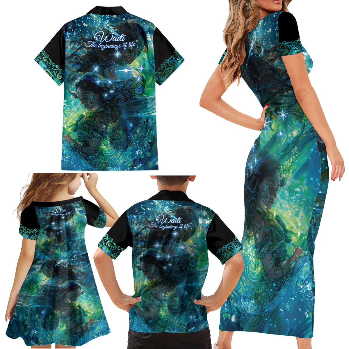 New Zealand Matariki Waiti Family Matching Short Sleeve Bodycon Dress and Hawaiian Shirt The Beginnings Of Life LT9 - Polynesian Pride