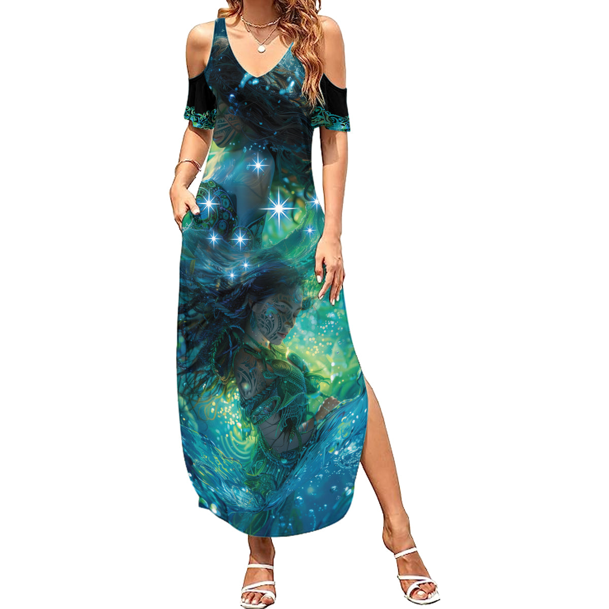 New Zealand Matariki Waiti Family Matching Summer Maxi Dress and Hawaiian Shirt The Beginnings Of Life LT9 Mom's Dress Black - Polynesian Pride
