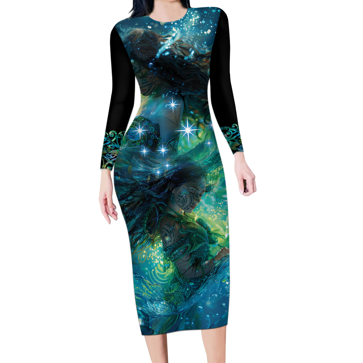 New Zealand Matariki Waiti Long Sleeve Bodycon Dress The Beginnings Of Life LT9 Long Dress Black - Polynesian Pride