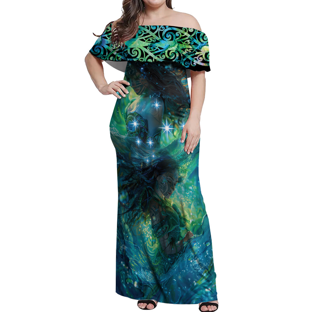 New Zealand Matariki Waiti Off Shoulder Maxi Dress The Beginnings Of Life LT9 Women Black - Polynesian Pride