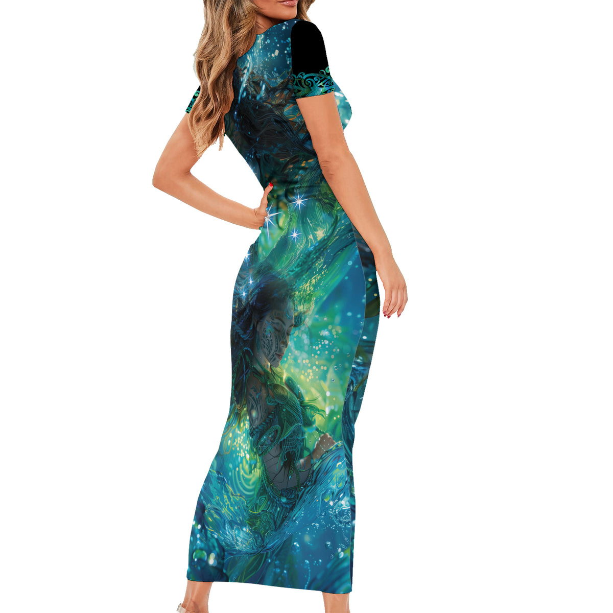 New Zealand Matariki Waiti Short Sleeve Bodycon Dress The Beginnings Of Life LT9 - Polynesian Pride
