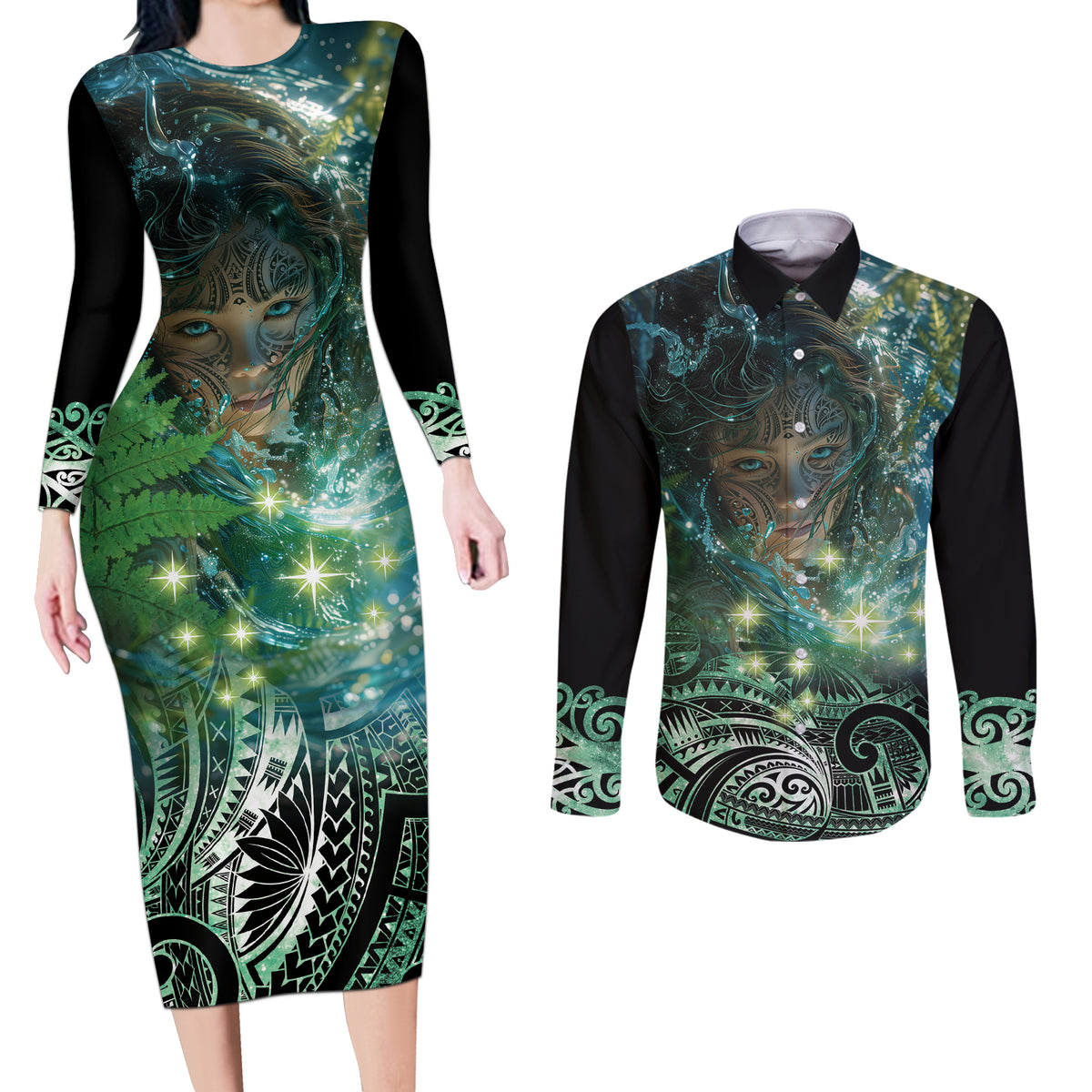 New Zealand Matariki Waiti Couples Matching Long Sleeve Bodycon Dress and Long Sleeve Button Shirt Waimori and The Origin Of Life LT9 Black - Polynesian Pride