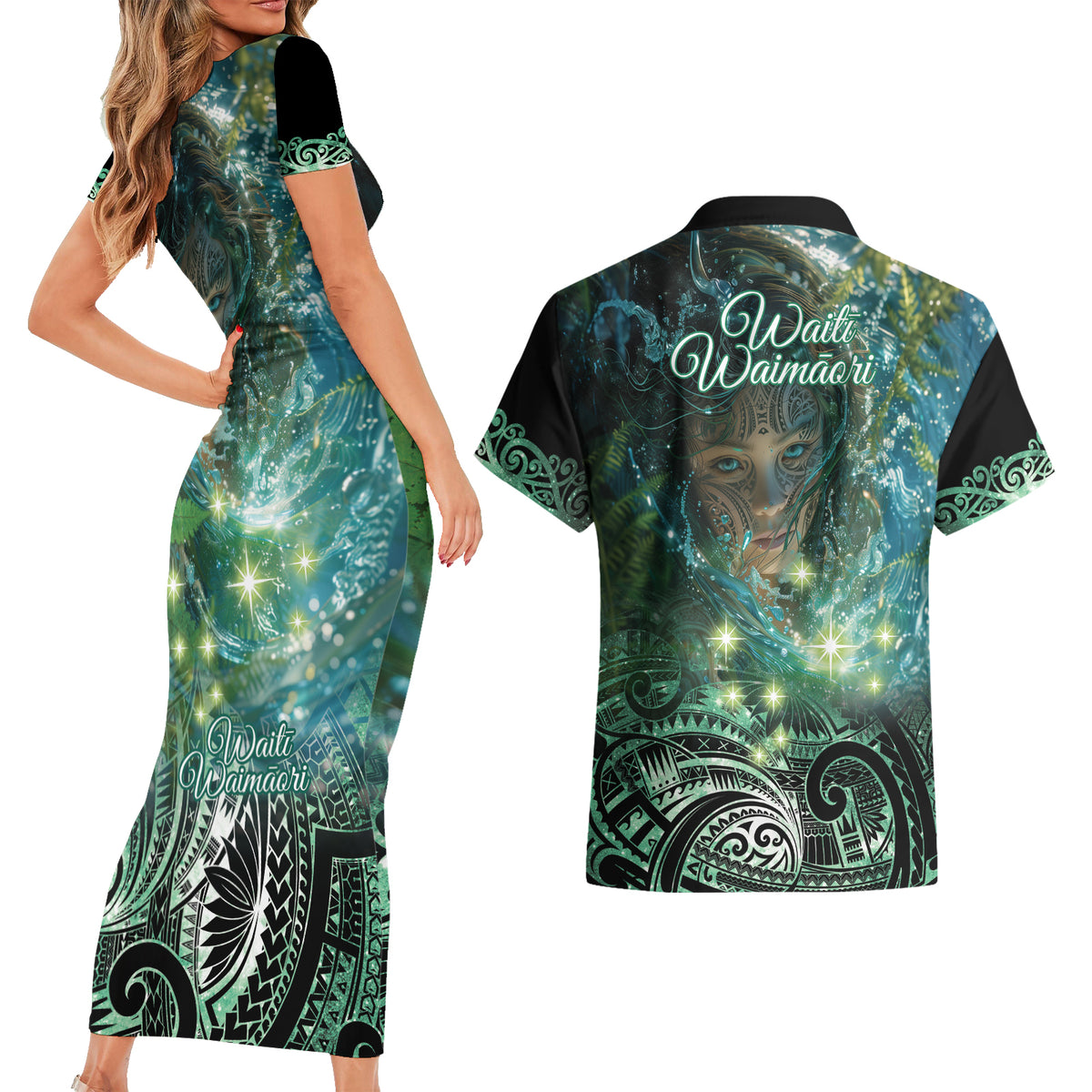 New Zealand Matariki Waiti Couples Matching Short Sleeve Bodycon Dress and Hawaiian Shirt Waimāori and The Origin Of Life
