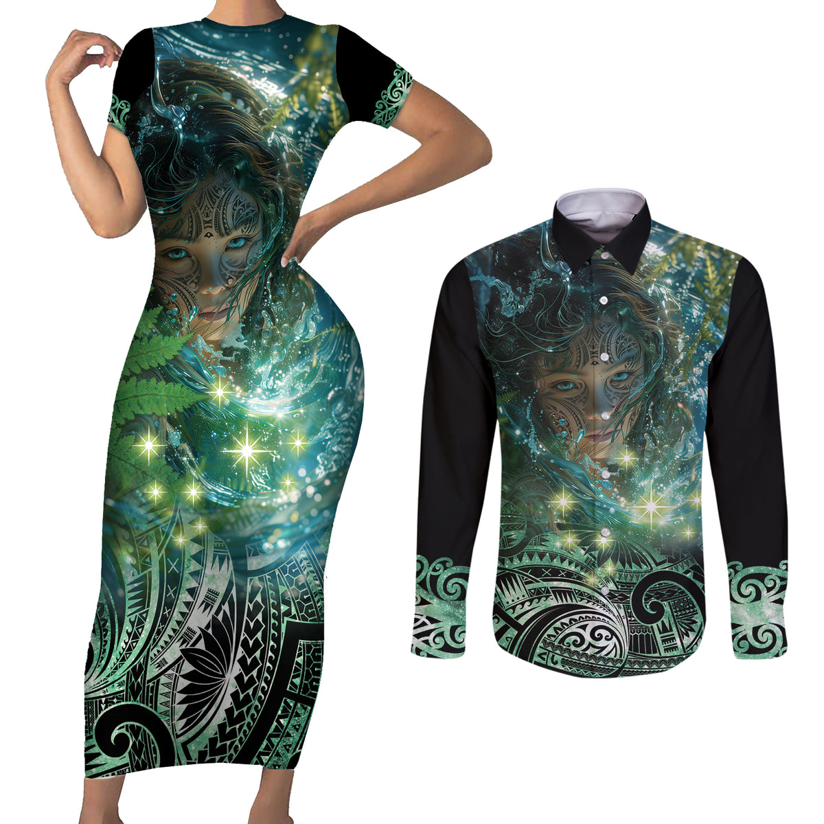New Zealand Matariki Waiti Couples Matching Short Sleeve Bodycon Dress and Long Sleeve Button Shirt Waimori and The Origin Of Life LT9 Black - Polynesian Pride