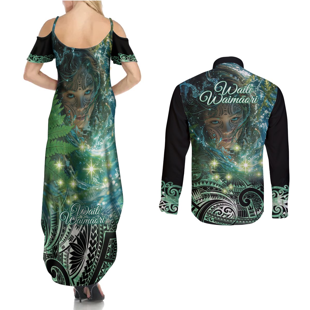 New Zealand Matariki Waiti Couples Matching Summer Maxi Dress and Long Sleeve Button Shirt Waimori and The Origin Of Life LT9 - Polynesian Pride
