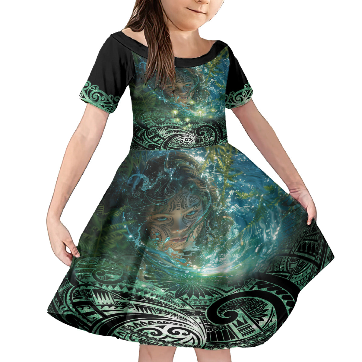 New Zealand Matariki Waiti Family Matching Long Sleeve Bodycon Dress and Hawaiian Shirt Waimori and The Origin Of Life LT9 Daughter's Dress Black - Polynesian Pride