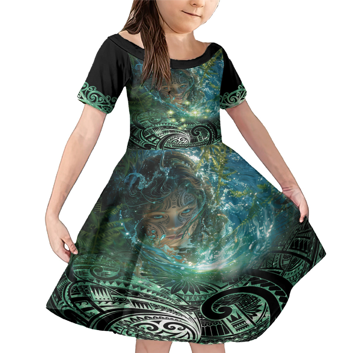 New Zealand Matariki Waiti Family Matching Mermaid Dress and Hawaiian Shirt Waimori and The Origin Of Life LT9 Daughter's Dress Black - Polynesian Pride