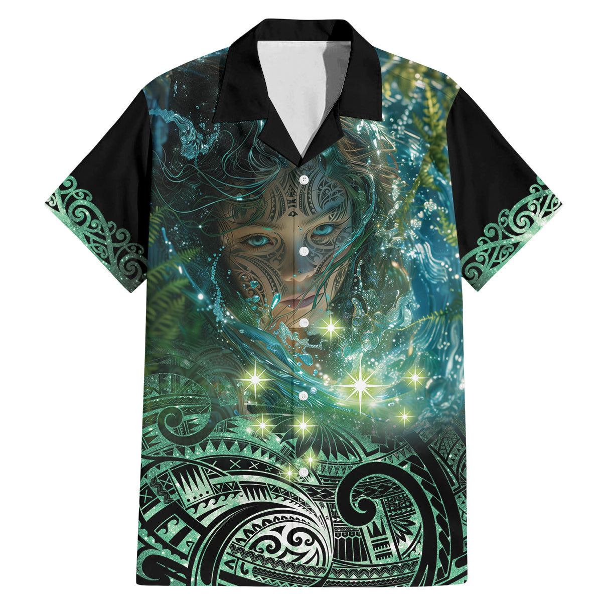 New Zealand Matariki Waiti Family Matching Mermaid Dress and Hawaiian Shirt Waimori and The Origin Of Life LT9 Dad's Shirt - Short Sleeve Black - Polynesian Pride