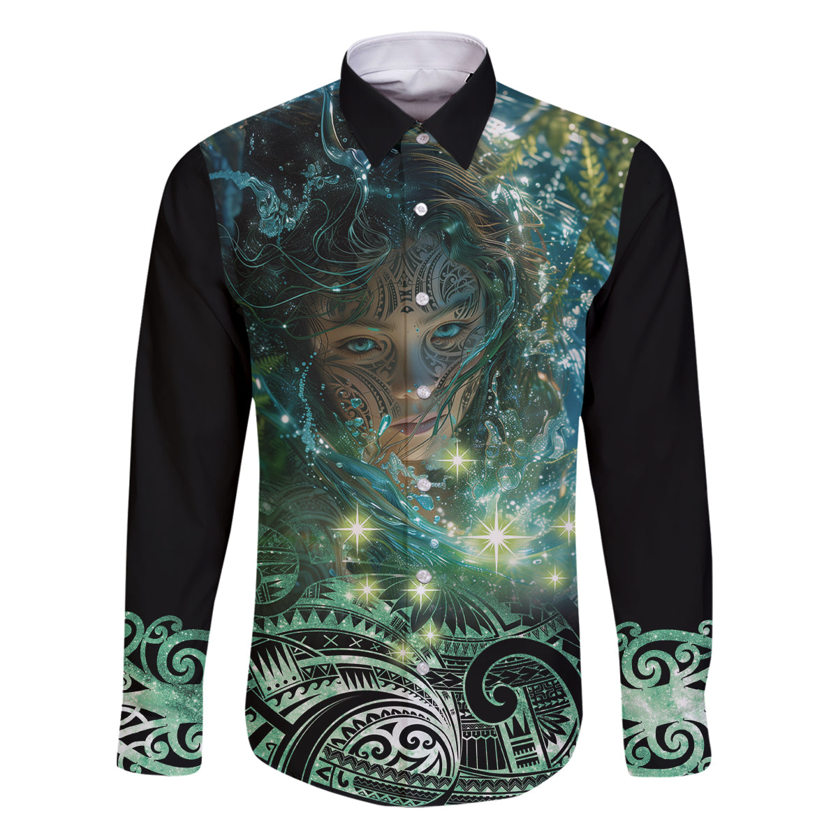 New Zealand Matariki Waiti Family Matching Mermaid Dress and Hawaiian Shirt Waimori and The Origin Of Life LT9 Dad's Shirt - Long Sleeve Black - Polynesian Pride
