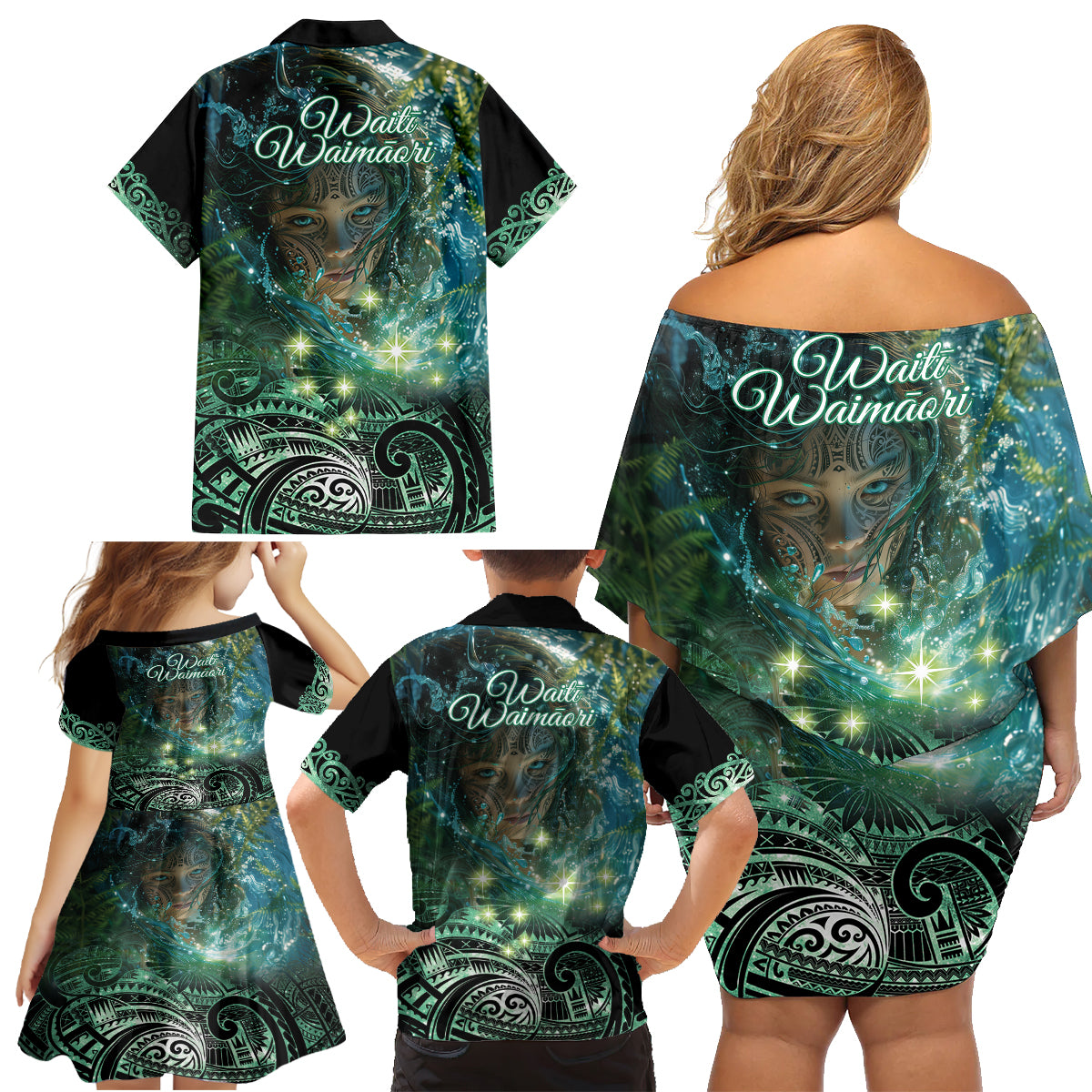 New Zealand Matariki Waiti Family Matching Off Shoulder Short Dress and Hawaiian Shirt Waimori and The Origin Of Life LT9 - Polynesian Pride