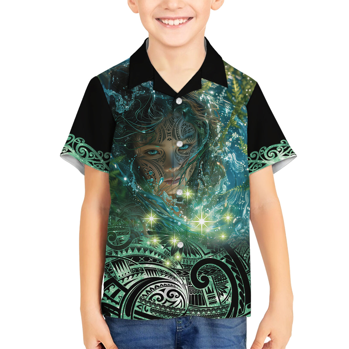 New Zealand Matariki Waiti Family Matching Tank Maxi Dress and Hawaiian Shirt Waimori and The Origin Of Life LT9 Son's Shirt Black - Polynesian Pride