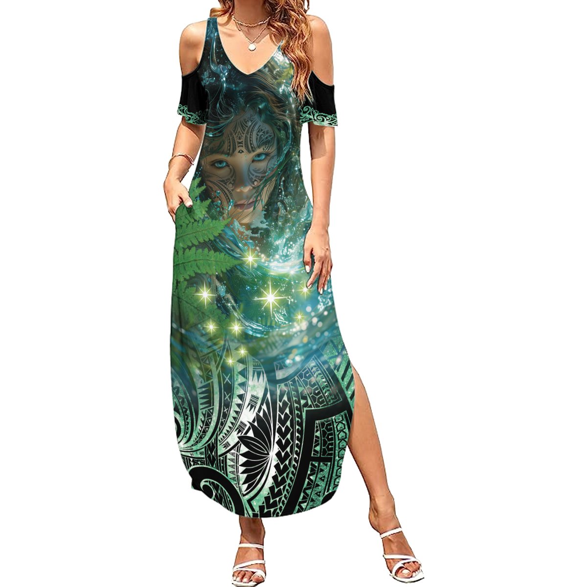 New Zealand Matariki Waiti Summer Maxi Dress Waimori and The Origin Of Life LT9 Women Black - Polynesian Pride