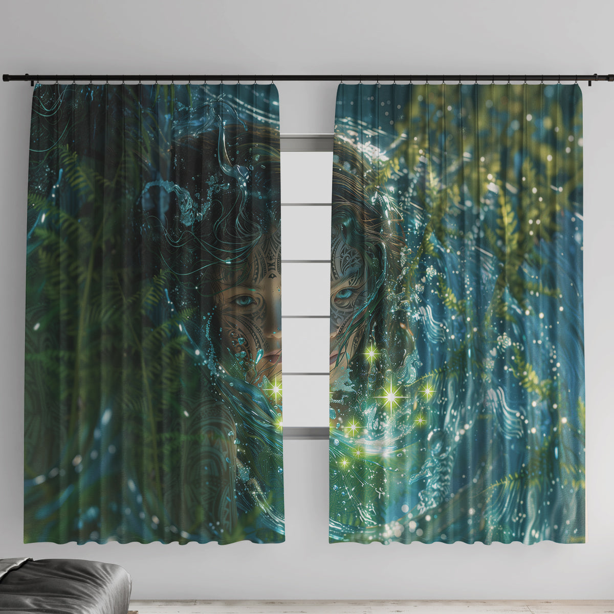 New Zealand Matariki Waiti Window Curtain Waimori and The Origin Of Life LT9 With Hooks Black - Polynesian Pride