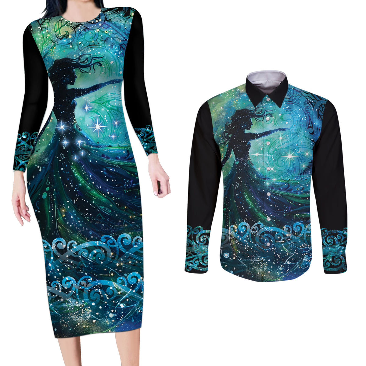New Zealand Matariki Hiwa-i-te-rangi Couples Matching Long Sleeve Bodycon Dress and Long Sleeve Button Shirt Titiro ki nga Whetu Wishing Star LT9 Black - Polynesian Pride