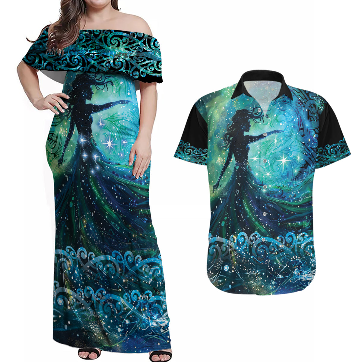 New Zealand Matariki Hiwa-i-te-rangi Couples Matching Off Shoulder Maxi Dress and Hawaiian Shirt Titiro ki nga Whetu Wishing Star LT9 Black - Polynesian Pride